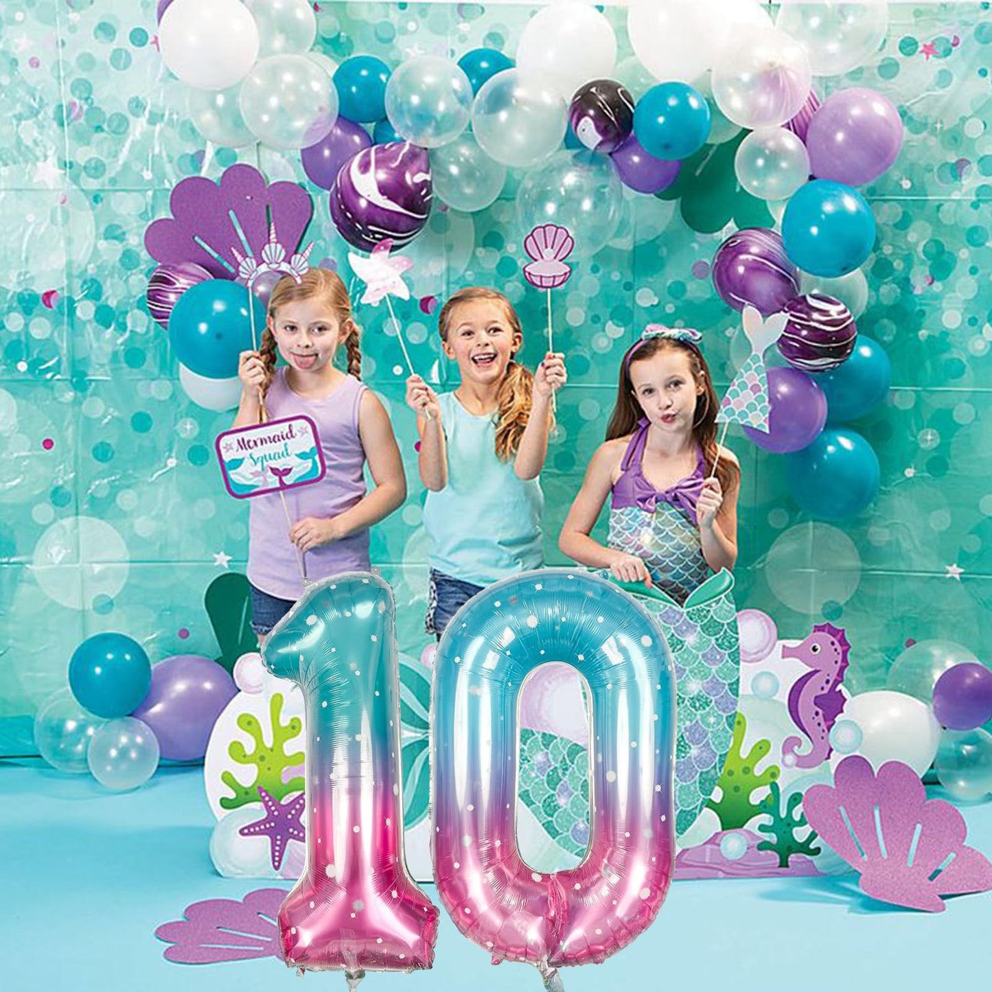 Mermaid Number 0 Balloons 40 Inch, Large Purple Teal Rainbow Number Balloons 0-9 Set, Starry 0 Mylar Foil Balloon Numbers For Gi