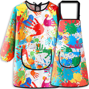 Miniq Kids Art Smock And Painting Apron Kit,Waterproof Artist Smocks With Pocket Long Sleeves And Aprons For Age 8-14