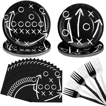 Umigy 96 Pcs Football Plates and Napkins Forks Sets Football Birthday Party Supplies for 24 Guests Black White Football Party Ta