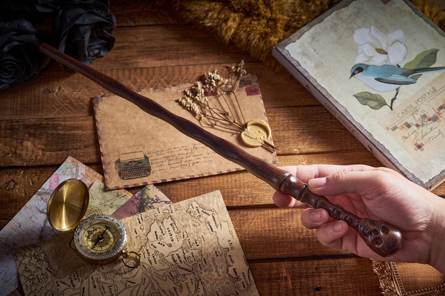 Handicraftviet Skull Wand - Handcrafted Real Wood Grain  Wizard Magic Wand for mature-themeds Kids to a Magical Adventure  15In Great Gift for Halloween