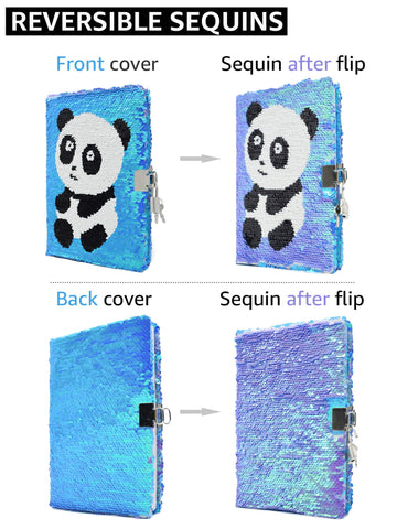 VIPbuy Magic Reversible Sequin Notebook Panda Diary Lined Travel Journal with Lock and Key for Kids Girls, Size A5, 78 Sheets, P
