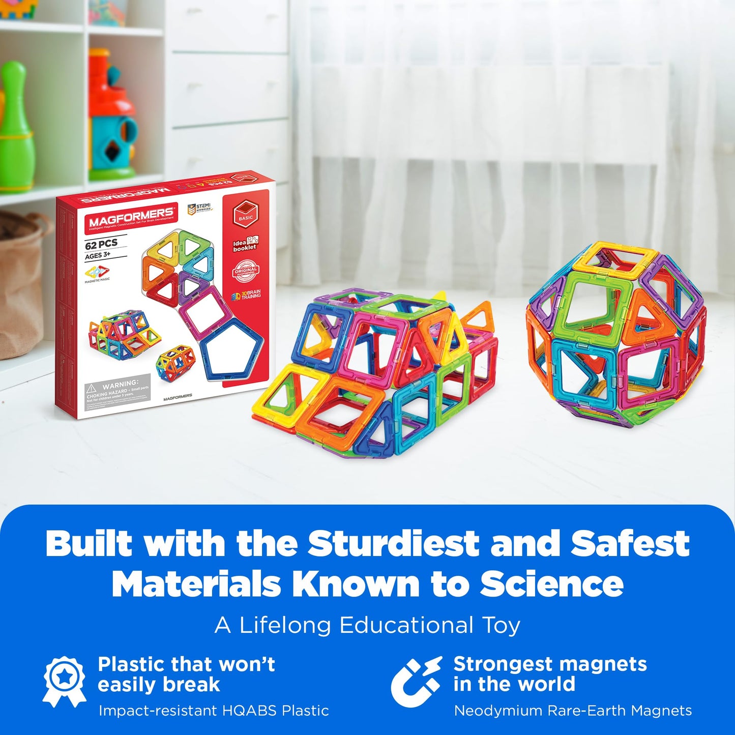 Magformers Rainbow 62-Piece Magnetic Tiles Set - STEM Educational Toy for Kids, Multi-colored Building Blocks for Problem-Solving Skills