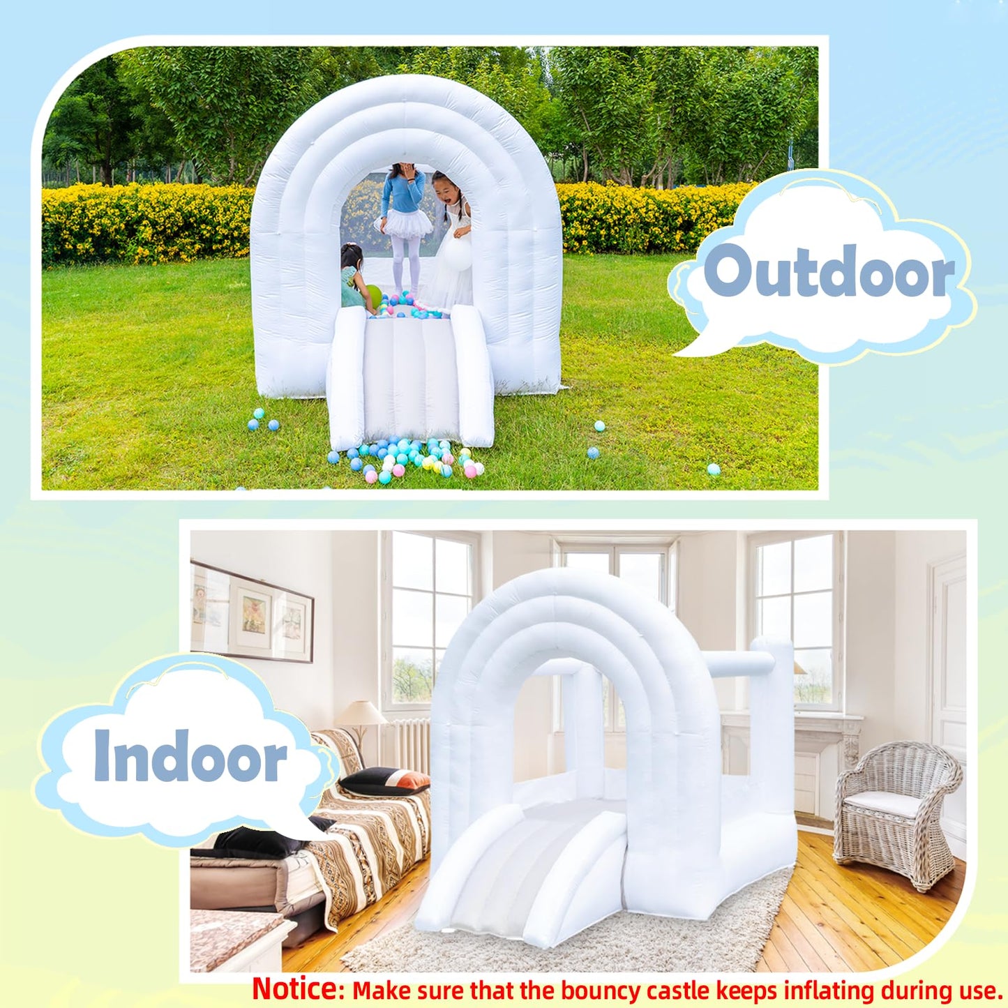 Hapyboucy Magic Rainbow Bounce House, White Bounce House With Slide, Blower Included, Kids Bouncy Castle Indoor Outdoor, 8 Ft L