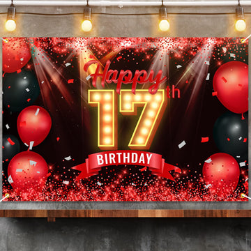 Happy 17Th Birthday Banner Backdrop Red And Black 17 Years Old Background Bday Decorations For Girls Boys Photography Party Supplies Glitter
