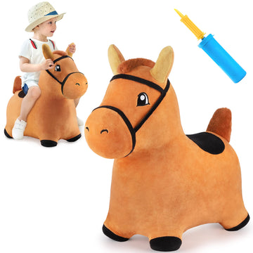 iPlay, iLearn Bouncy Pals Brown Hopping Horse Plush Toy, Medium Inflatable Ride-On Bouncer for Toddlers 18-36 Months