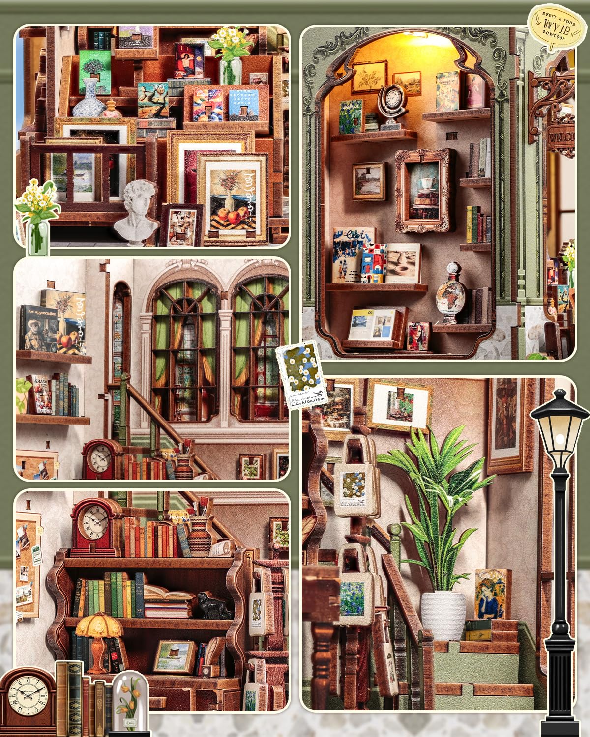 CUTEBEE DIY Book Nook Kit  Miniature House Kits for mature-themed and Teens  DIY Miniature Book Nook kit with Sensor Led Light  Gifts for Lovers and Family (Gallery Bookstore)