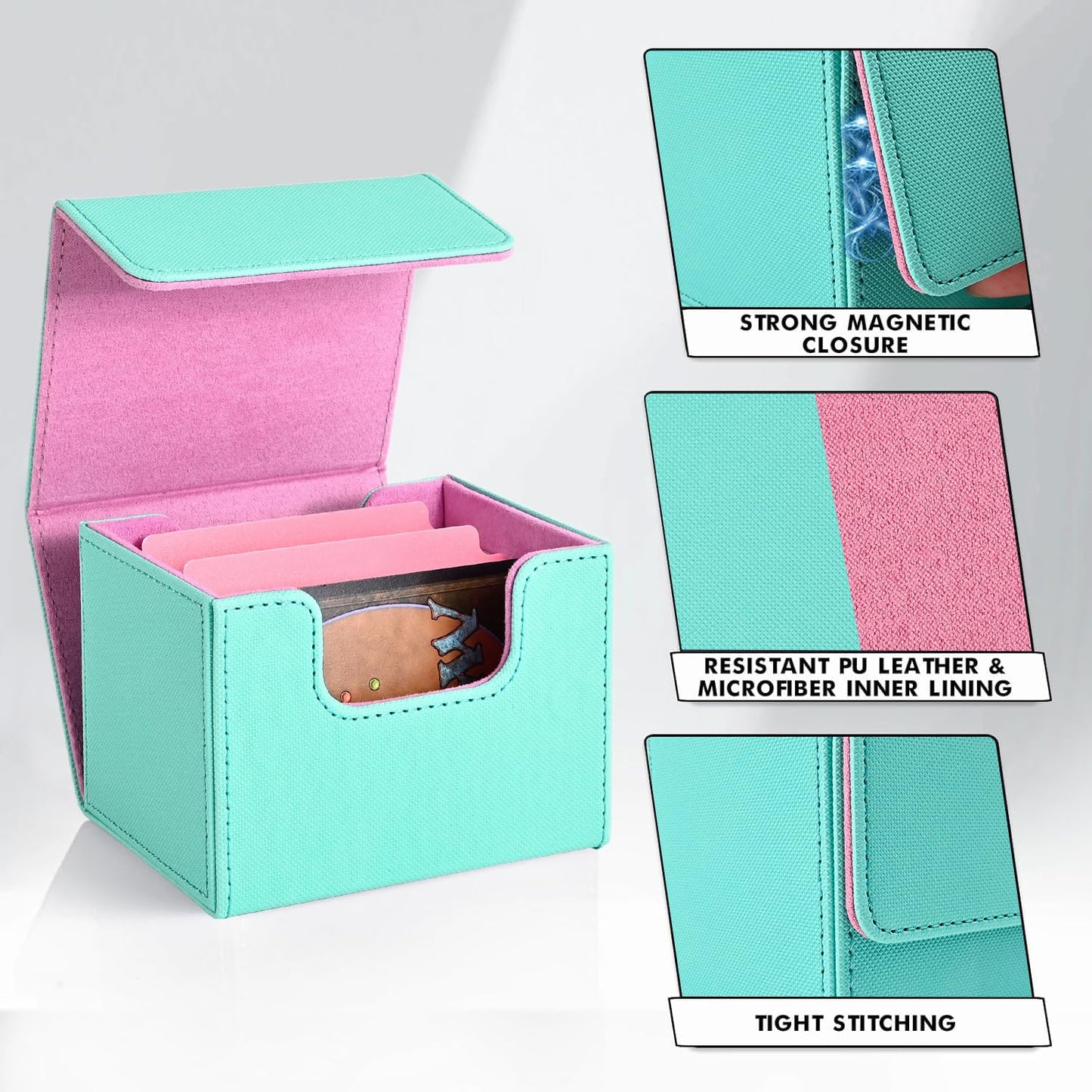 Zlca Card Deck Box For Trading Cards, Mtg Commander Deck Box Holds 120+ Single Sleeved Cards, Leather Magnetic Card Storage Box Fits For Tcg Ccg Magic Cards (Turquois& Pink)