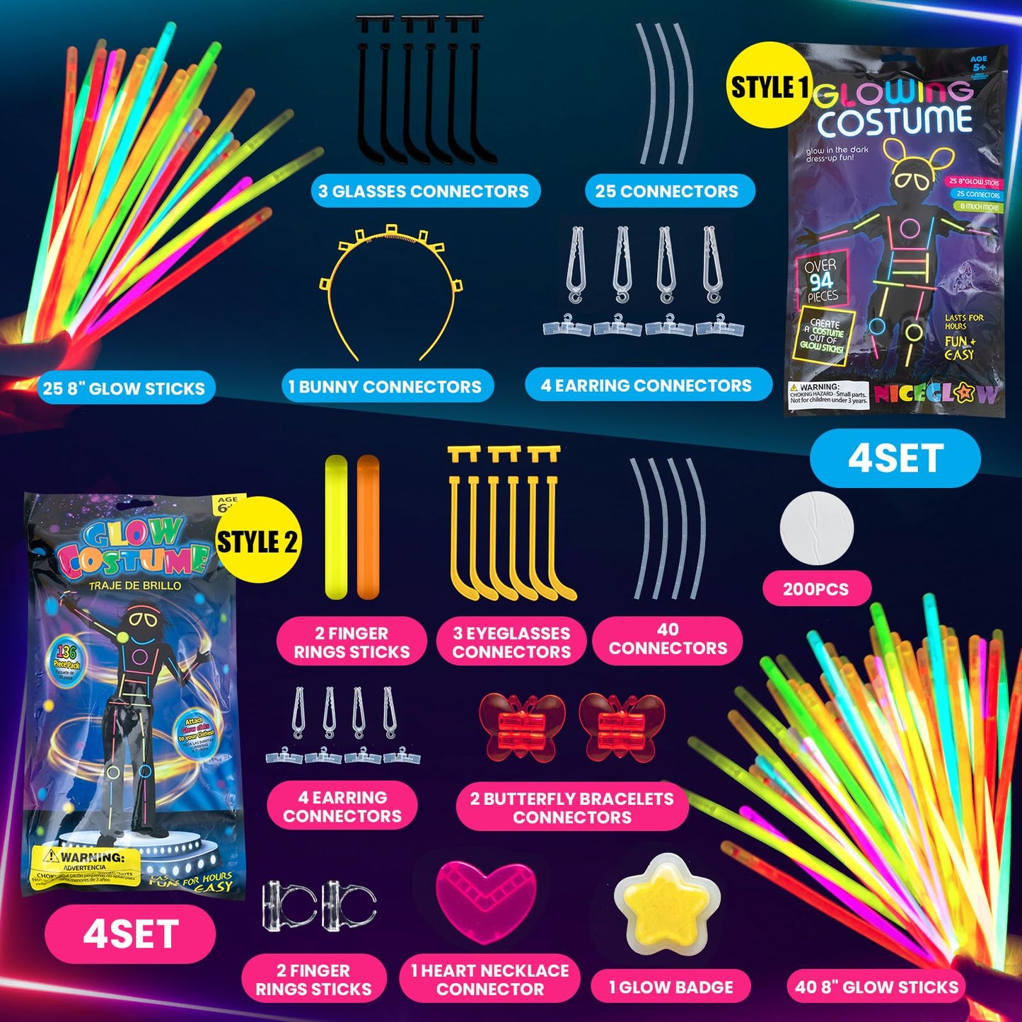Lewtemi 8 Set Halloween Glow Stick Figure Costume, 920 Pcs Light up Stick Figure Costume, Glow in the Dark Outfits, Eyeglasses,