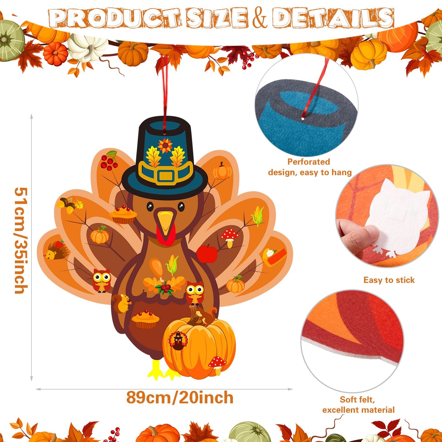 Tatuo 37-Piece Fall Craft Kit - DIY Turkey & Pumpkin Felt Set with 36 Leaves, Squirrel, Pine Cones - Classic Style, Approx. 35 x 20 Inches