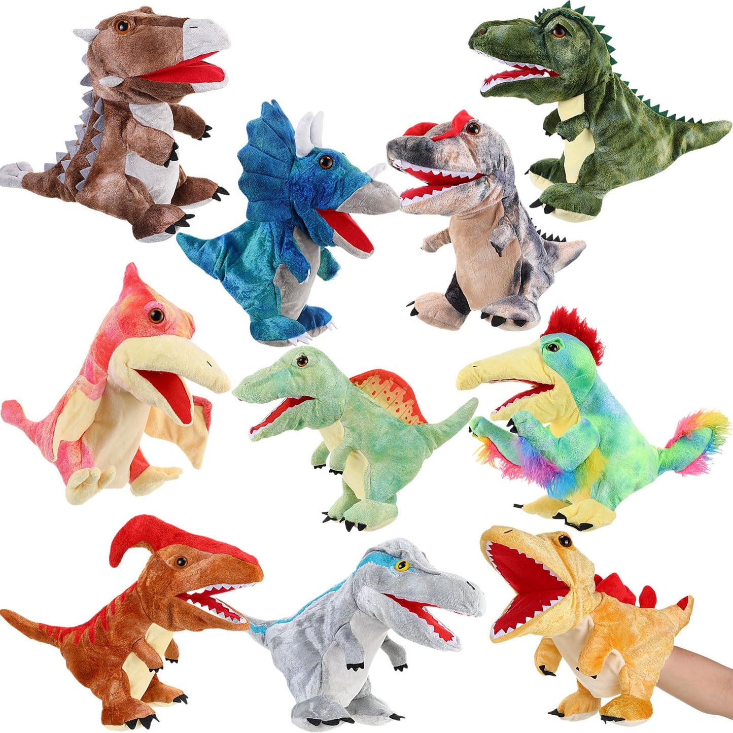 Wettarn 10 Pieces Dinosaur Hand Puppets 11.8 Inch Plush Stuffed Animals with Open Movable Mouth, Stuffed Animal Puppets Interact