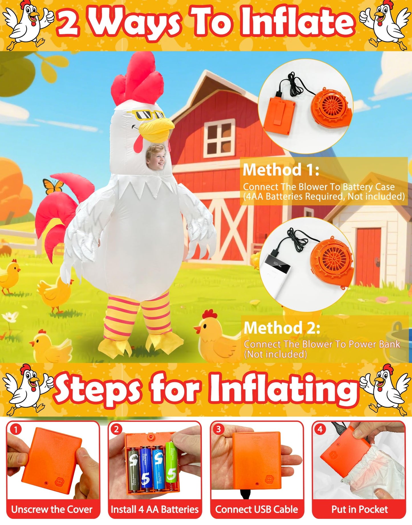 Camlinbo Halloween White Rooster Inflatable Costume  Funny Chicken Wearing Sunglasses Full Body Blow Up Costumes for Kids Boys Girls  Visible Face Halloween Inflatable Costume for Cosplay Party