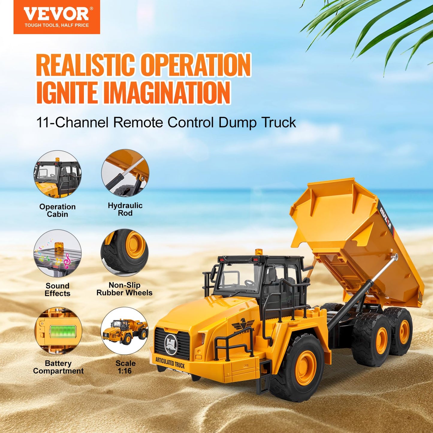 VEVOR RC Dump Truck Toy, 11-Channel 1:16 Scale, Remote Control Dump Truck RC Construction Vehicle Toy with Metal Cabin & Light,