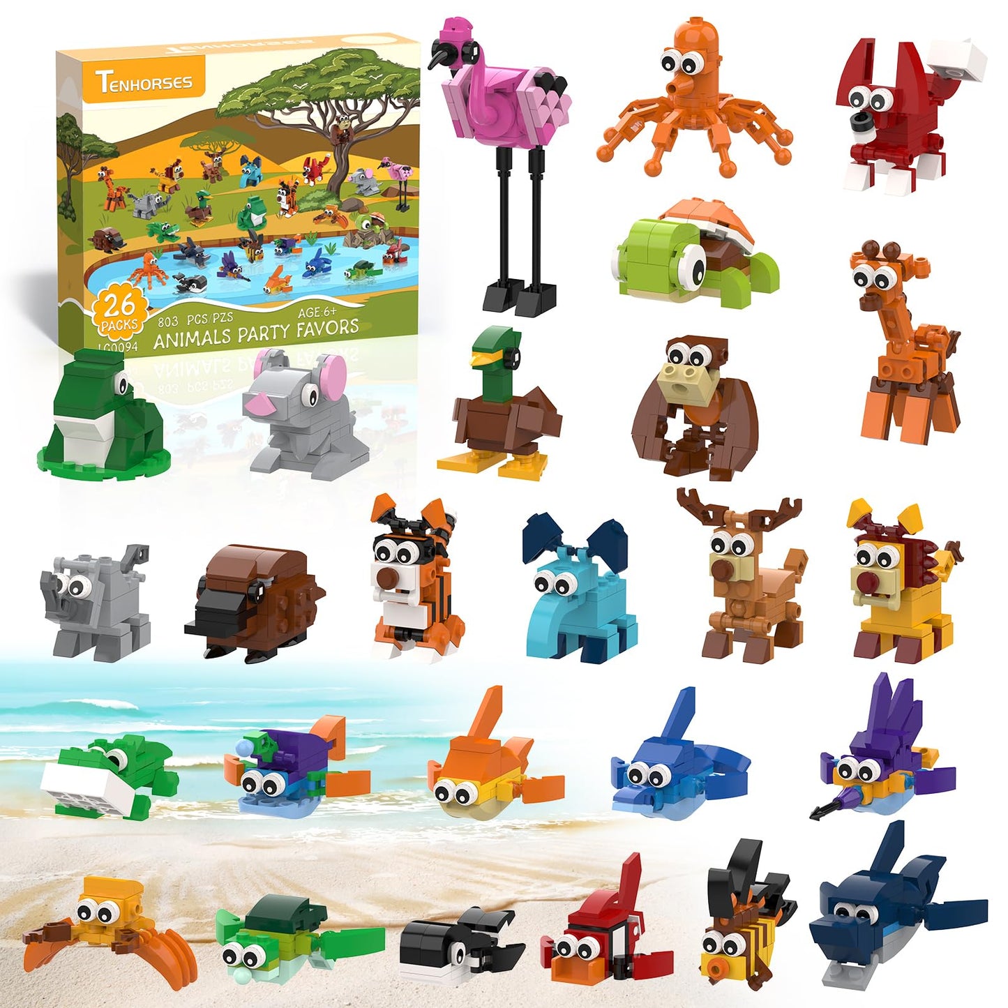 Tenhorses Party Favors For Kids Building Set, 26 Pack Animals Building Block Toys Valentines Classroom Prizes Goodie Bags, Easte