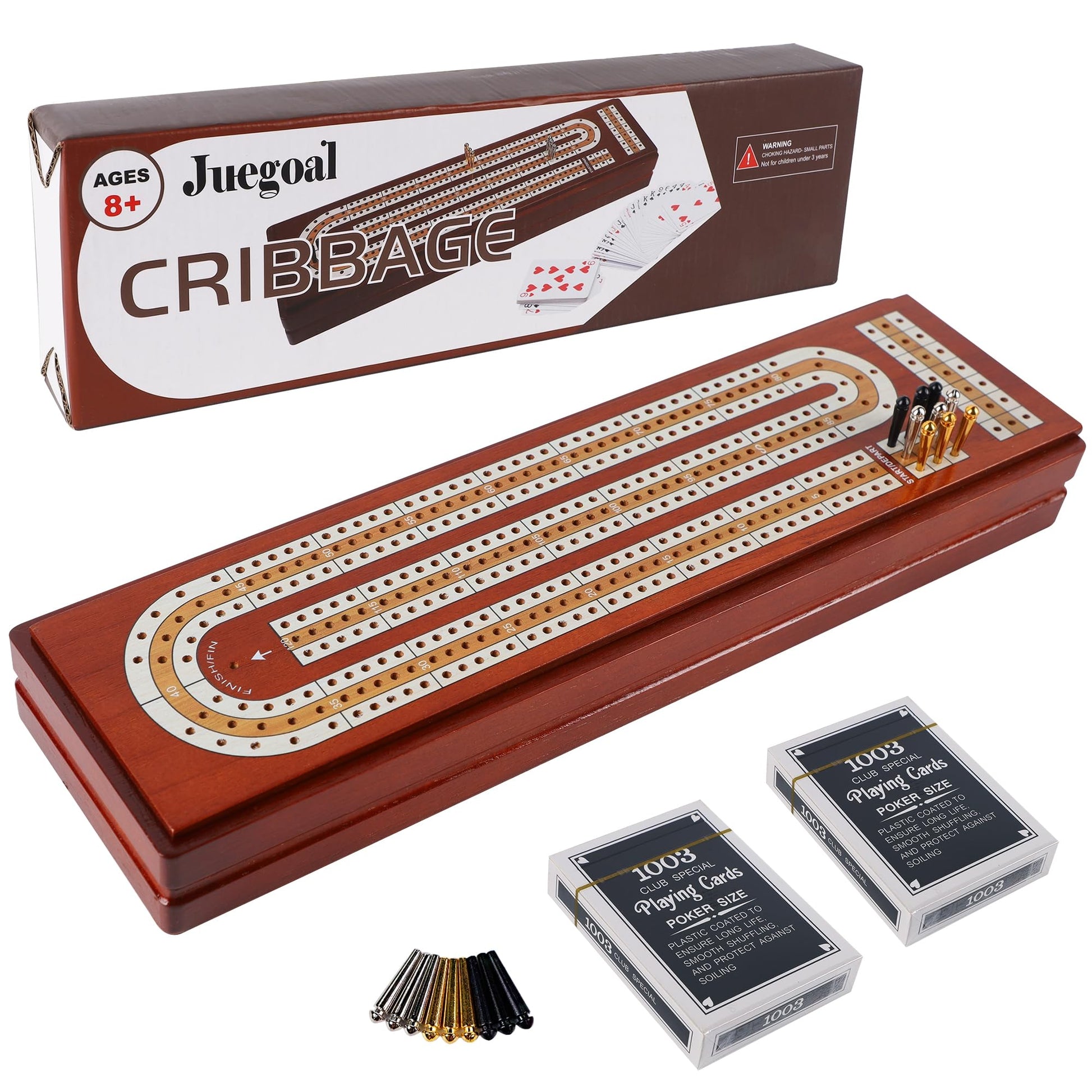 Juegoal Upgrade Wood Cribbage Board Game Set  Solid Wooden Continuous 3 Track Board with Larger Storage Area  9 Metal Pegs and 2 Decks of Playing Cards  Travel Portable Cribbage Game Sets