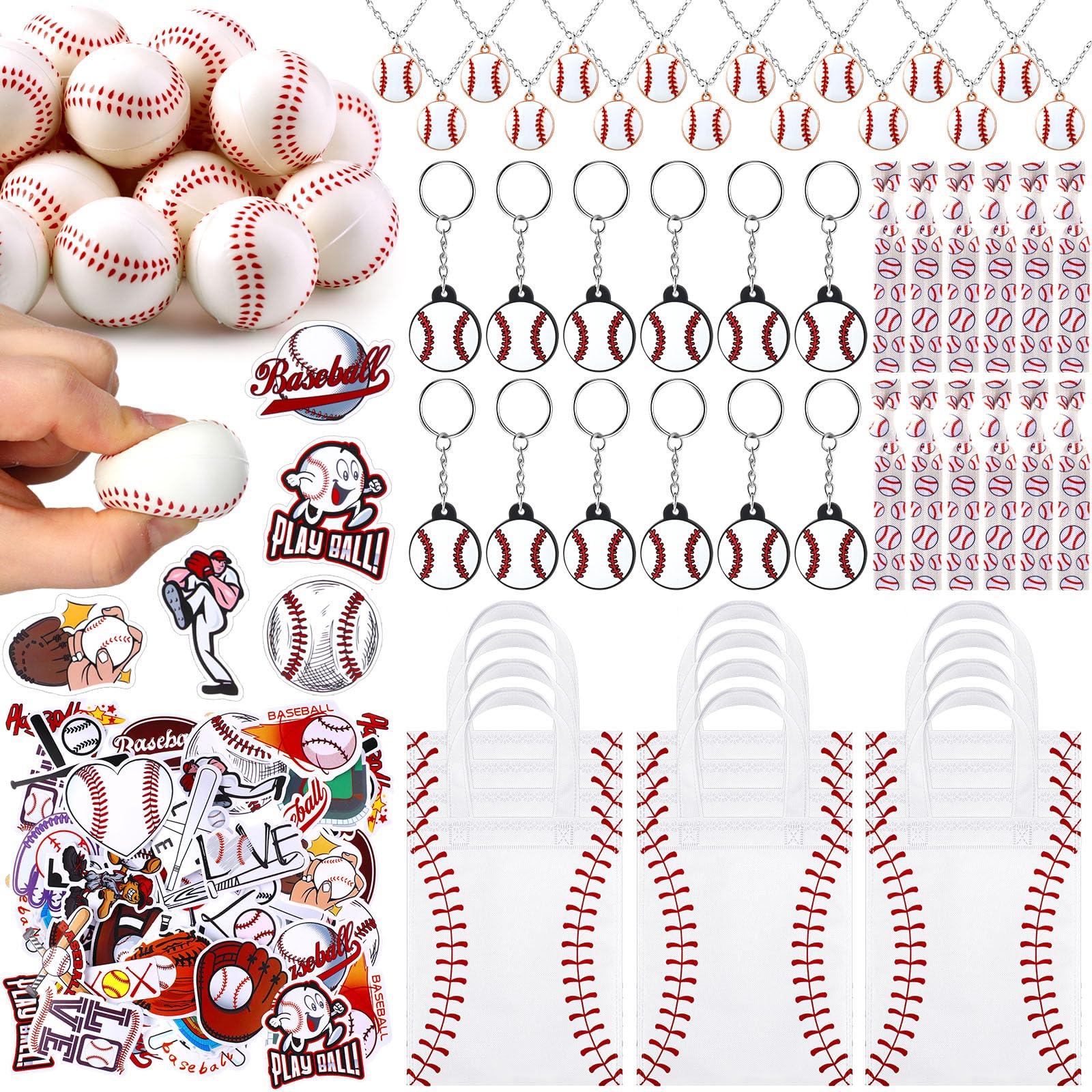 WinnerWhy 157 Pcs Baseball Party Favors Supplies Set Bulk Baseball Goodie Bags Stuffers Keychain Mini PU Foam Balls Hairbands Ne
