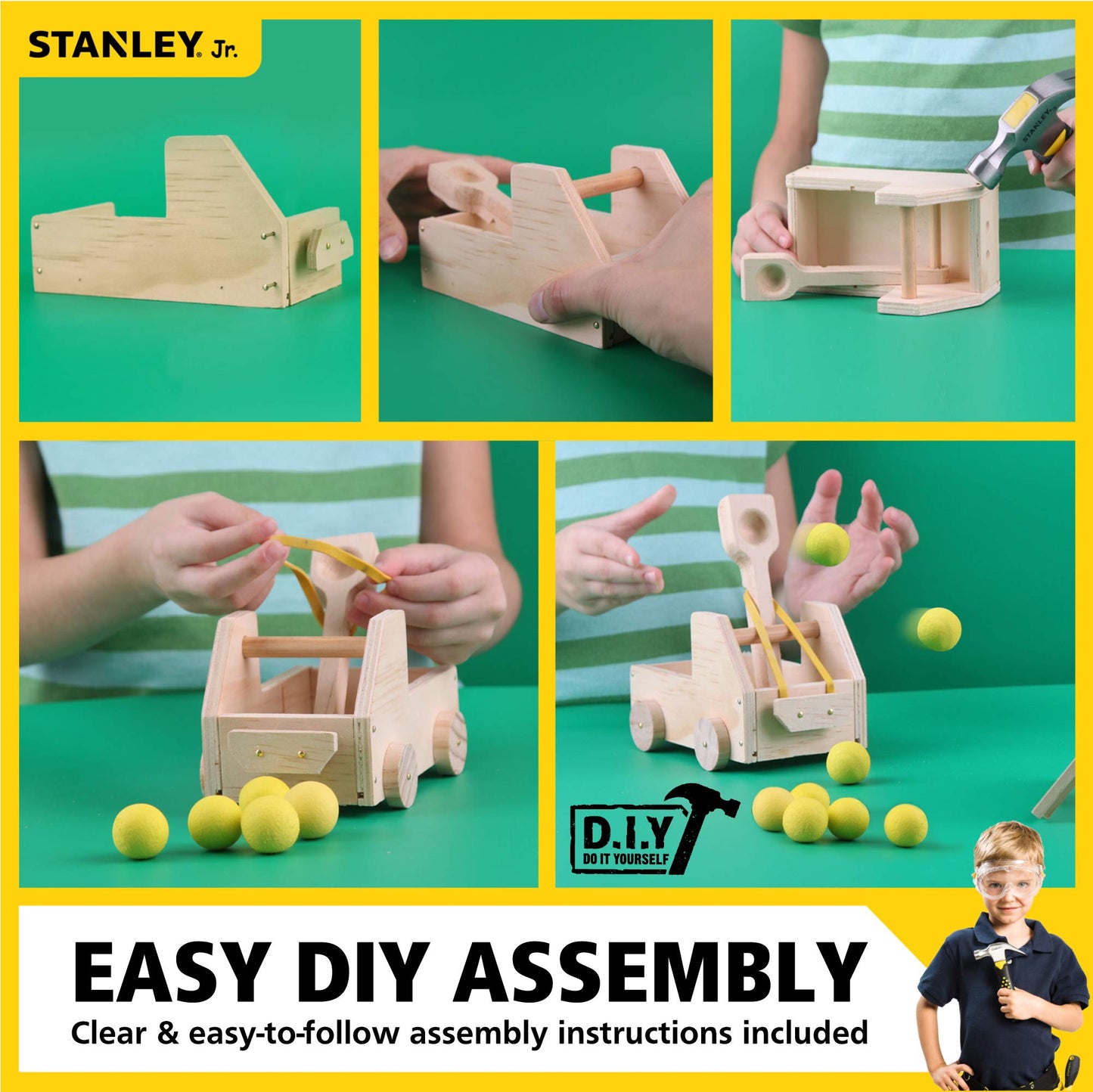 Stanley Jr. Red Toolbox Diy Truck Catapult Building Kit For Kids Jk005-Sy: Children’S Yellow Wood Construction Toy Beginning Woodworking Set With Paints Ages 5-12