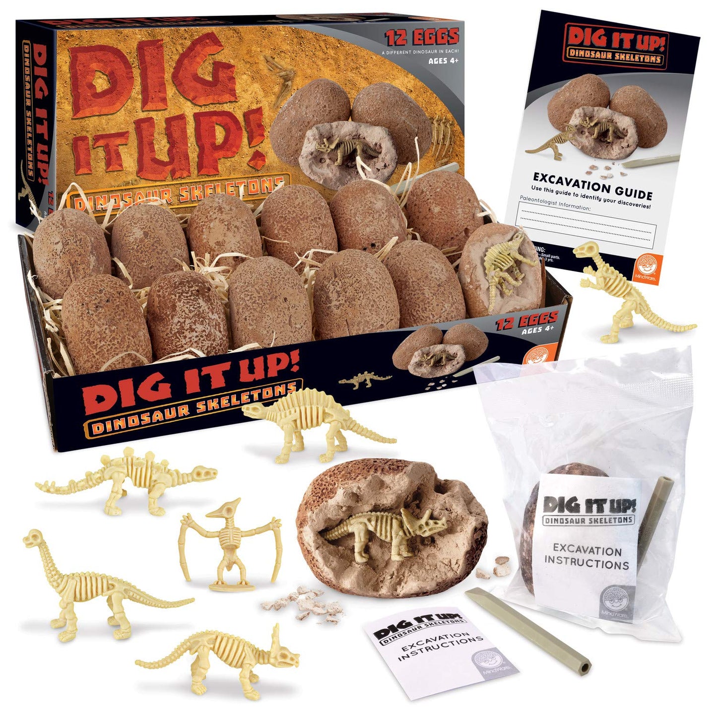 Mindware Dig It Up! Dinosaur Skeleton Eggs Excavation Kit - Comes With 12 Clay Eggs, 12 Chisel Tools And 12 Instruction Sheets