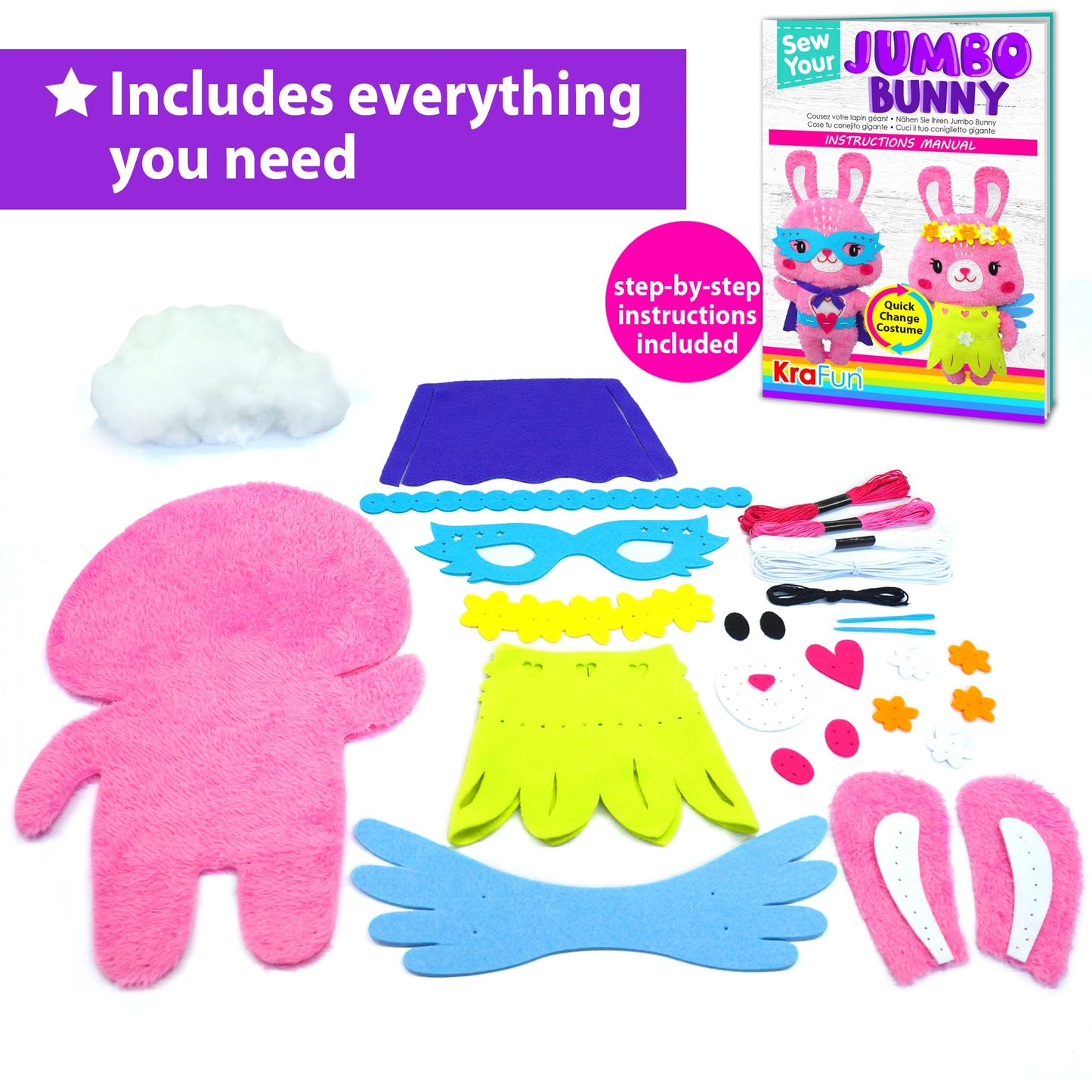 KRAFUN Big Jumbo Bunny Animal Sewing Kit for Kids Beginner My First Art & Craft, Make 1 Stuffed Doll with 2 Costumes, Instructio
