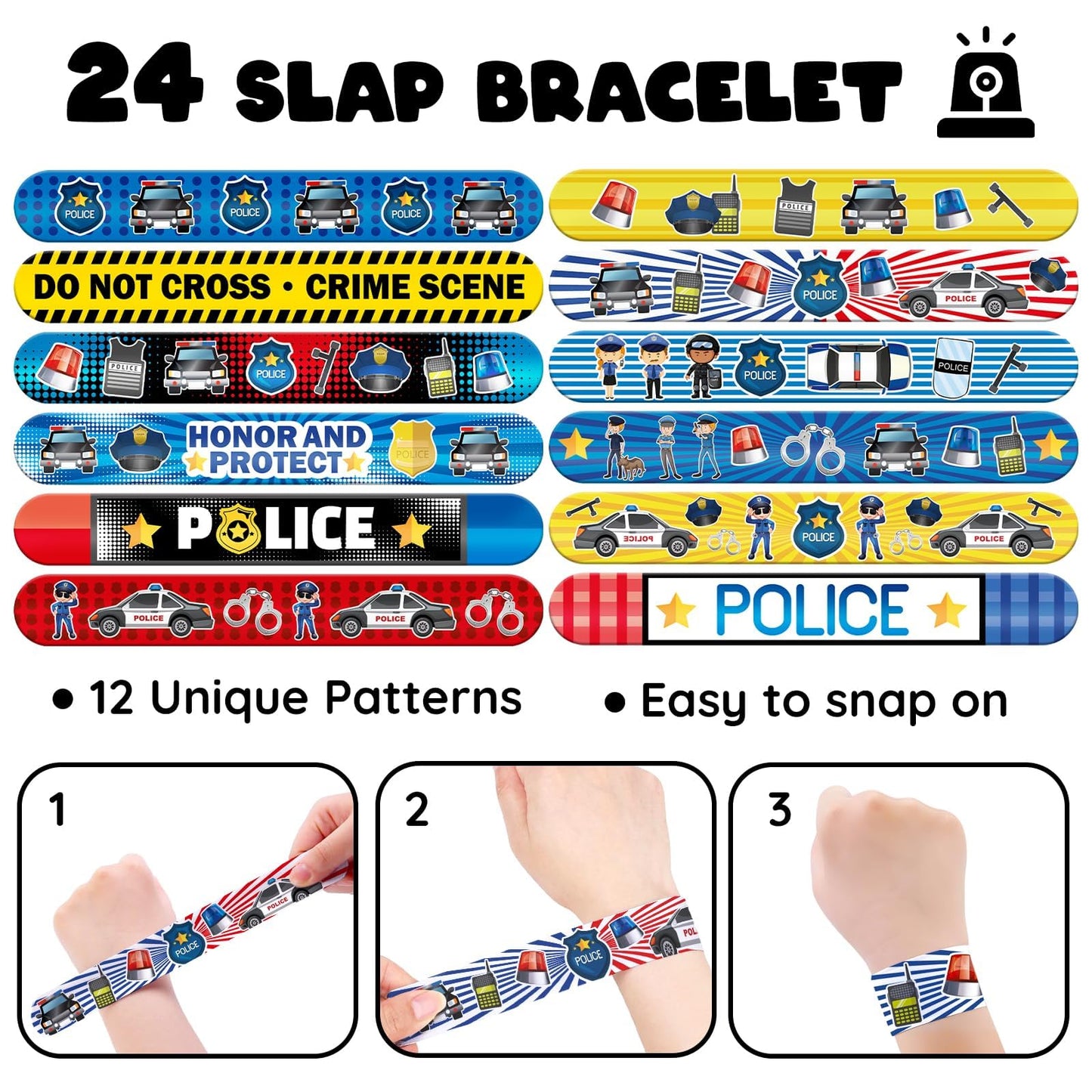 60 PCS Police Party Favors Set - 36 Temporary Tattoos Sticker & 24 Slap Bracelets for Kids, Perfect for Birthday Parties, Classr