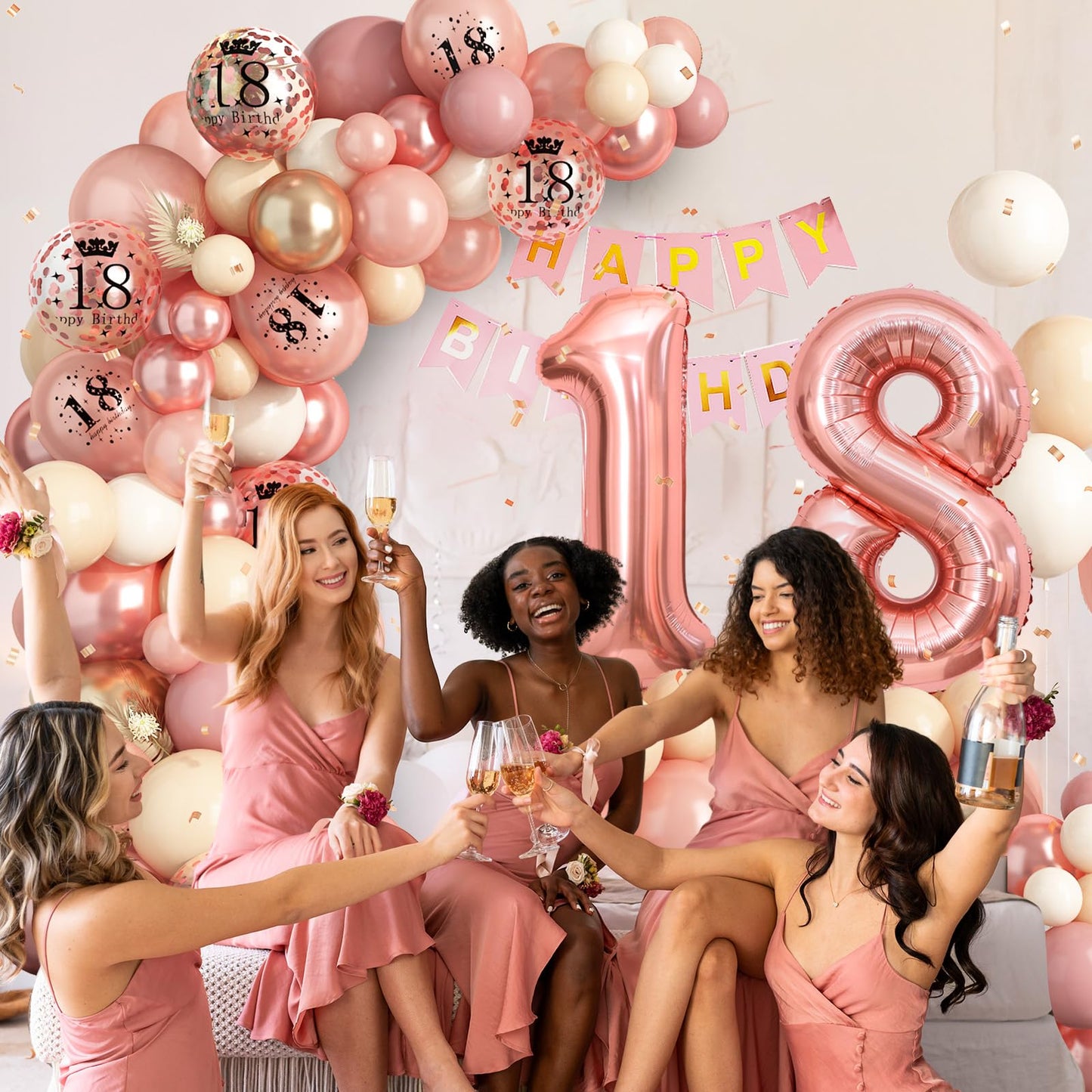 18Th Birthday Decorations For Girls,Rose Gold 18Th Birthday Balloon Arch Garland Kit With Happy 18Th Birthday Number 18 Foil Bal