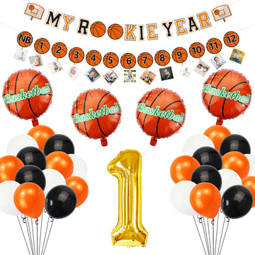 Basketball 1st Birthday Party Supplies, MY ROOKIE YEAR Birthday Banner Decorations, First Photo Banner and 35 Pcs Balloons for B