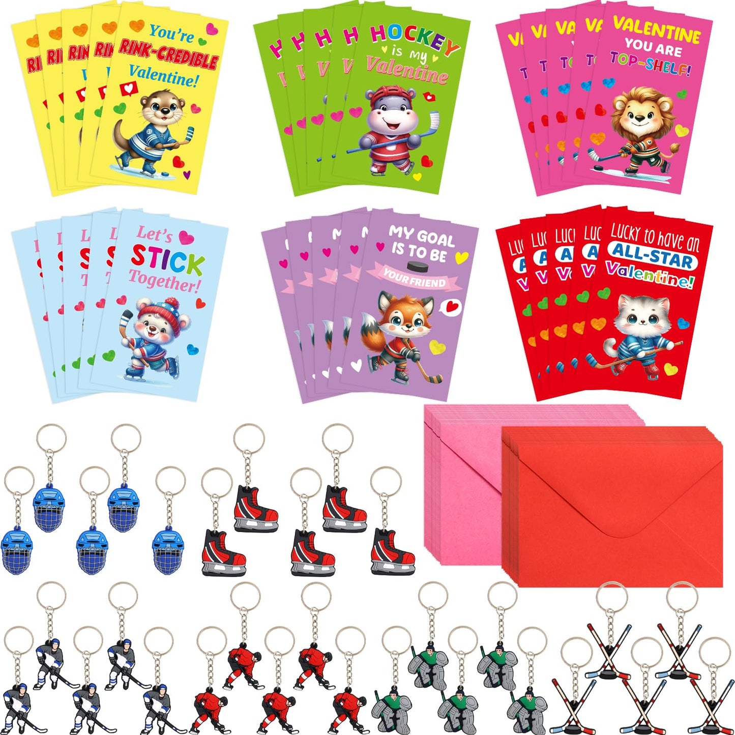 ceiba tree Valentines Day Hockey Keychains Cards Gifts for Kids Class School Classroom 30 Sets Valentine s Day Classmates Gifts