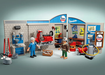 Playmobil 71620 Garage Vespa 60S - Includes Two Characters, Vespa, 2-Part Garage Wall, Mobile Lift Platform And Accessories - Fr