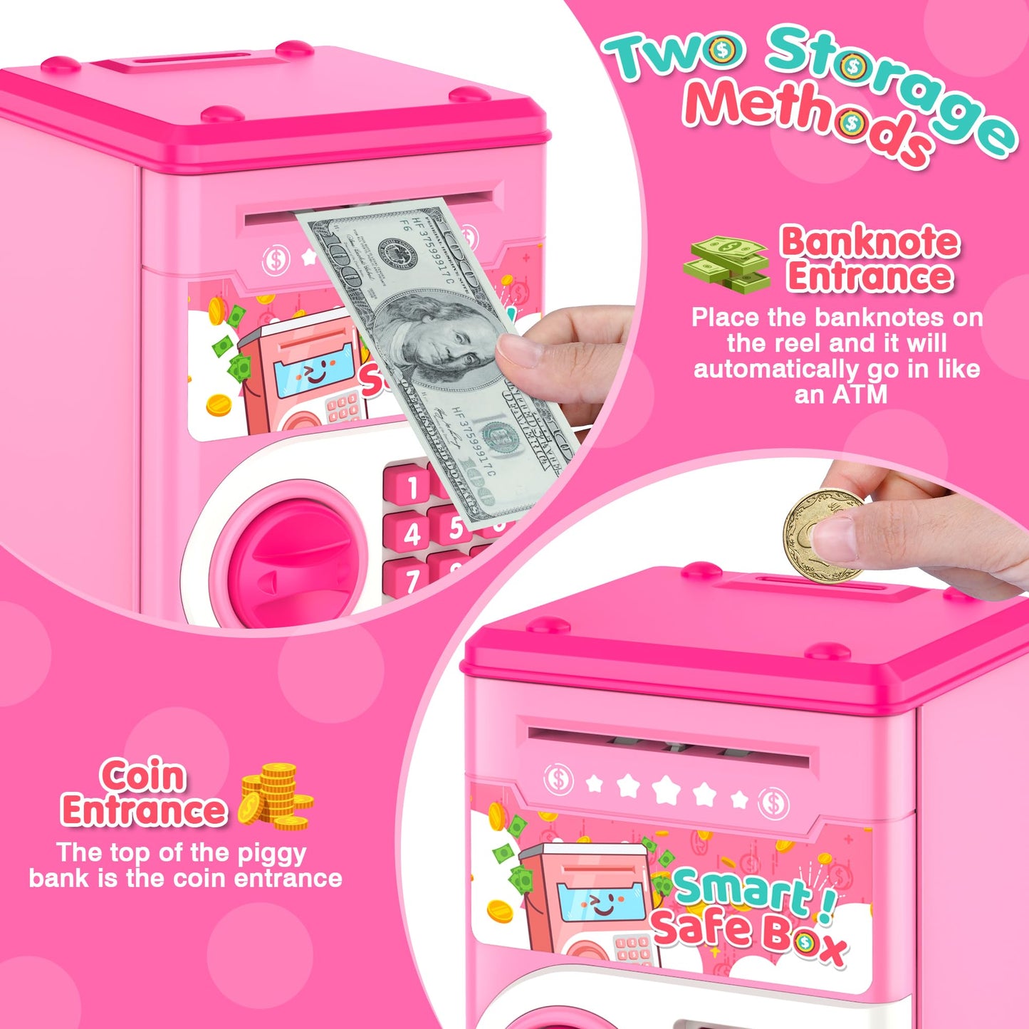 Pink Piggy Bank For Kids With Password Code Lock And Auto Grab Bill Slot, Philaeec Real Money Cash Coin Can Saving Box Electroni