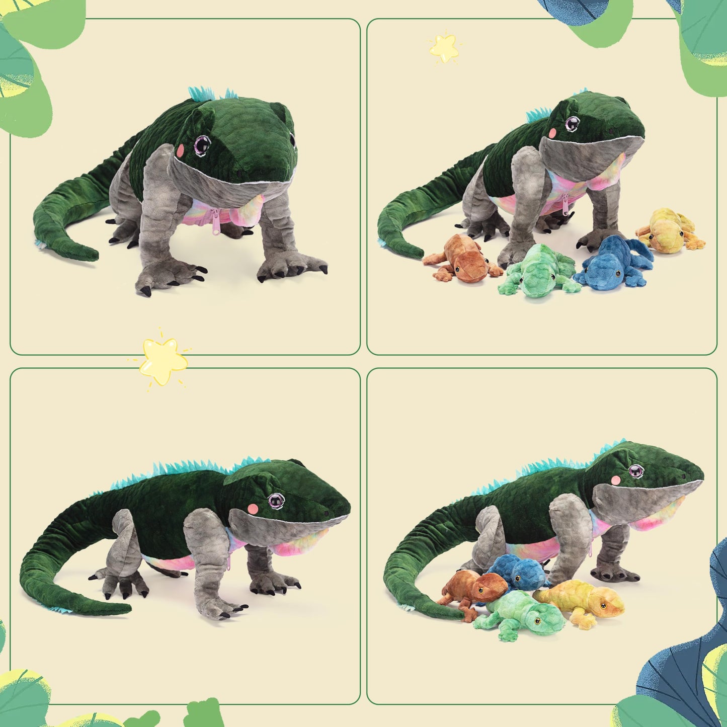 Ikasa Mom Lizard Stuffed Animal Plush Toy, 28'' Cute And Soft Family Set With Mini Babies, Christmas Or Birthday Gifts For Child