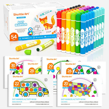 Shuttle Art 54 Pack Washable Dot Markers, 12 Assorted Colors With 6 Activity Books, Fun Art Supplies For Kids Toddlers, Non Toxic Water-Based Paint Daubers, 4 Sets X 12 Colors Dot Markers