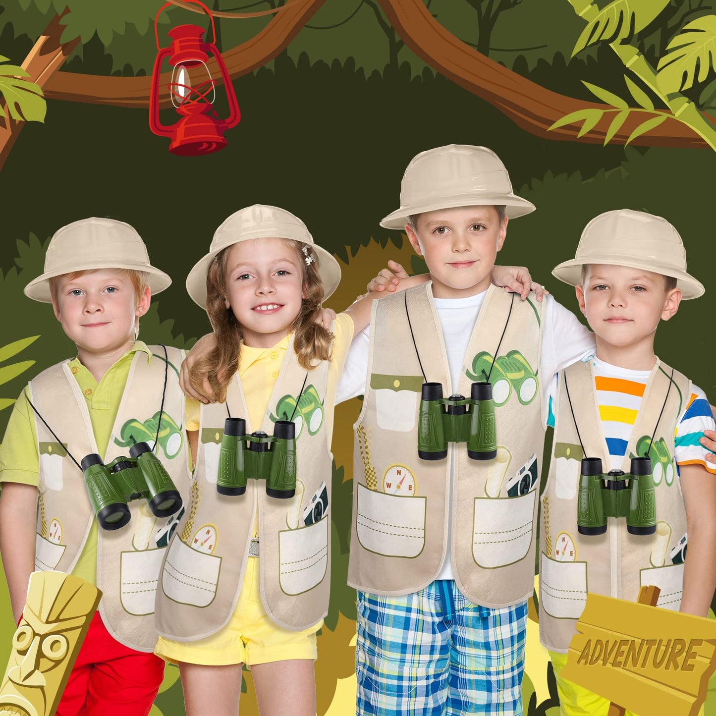 Haysandy 48 Pcs Kids Explorer Costume Set Include Plastic Explorer Safari Hats Jungle Party Vest Safari Tote Bag Adventure Binoculars For Kids Activities Jungle Zoo Birthday Party Supplies Favors