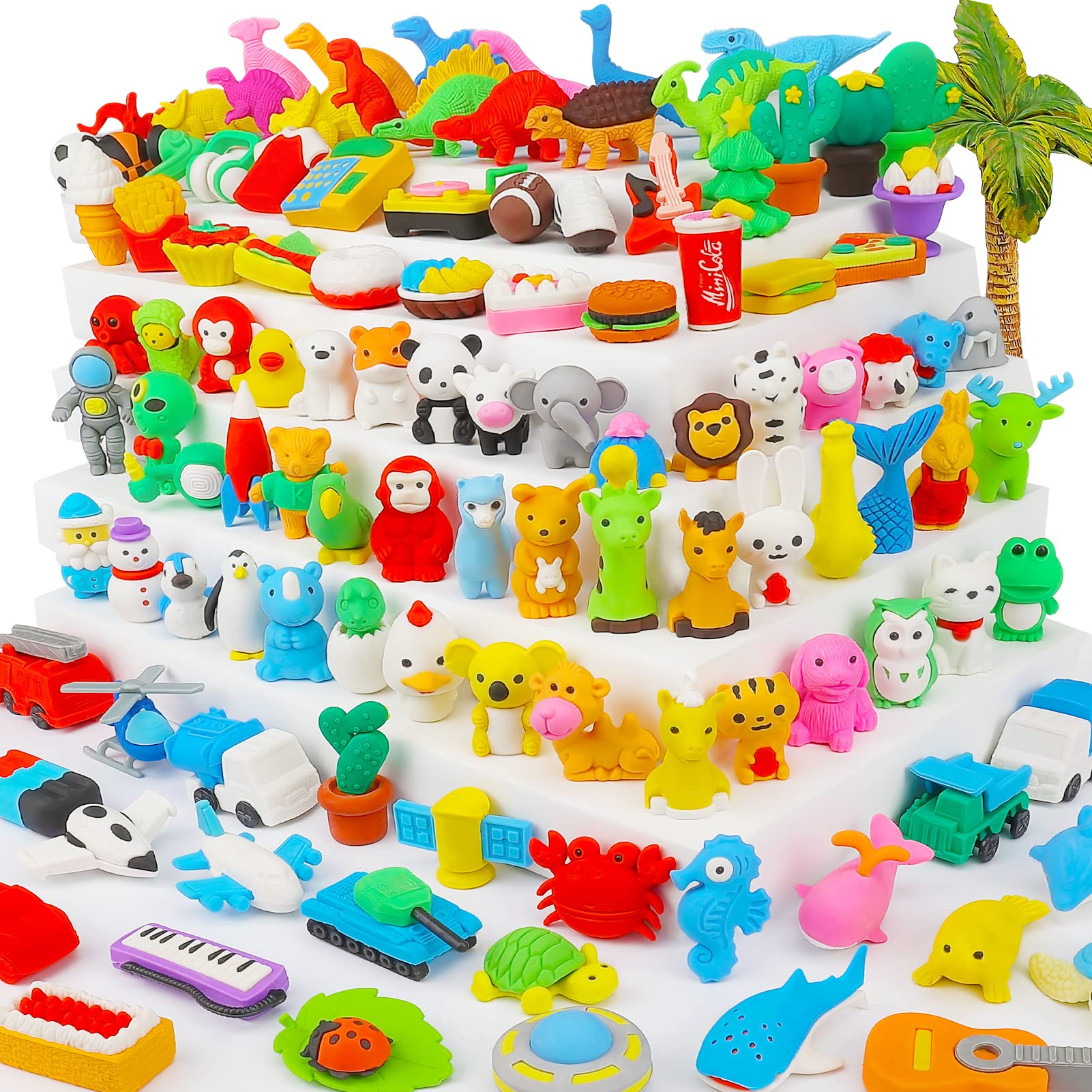 Urskytous 120Pcs Animal Erasers For Kids Desk Pets Bulk Pencil Erasers Dinosaur 3D Mini Erasers Take Apart Puzzle Erasers Food K
