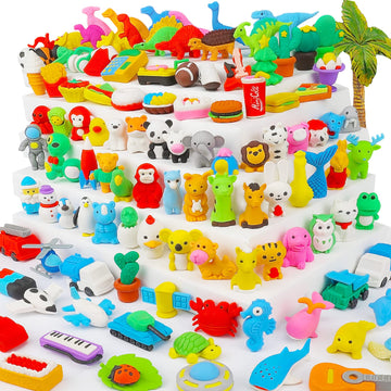 Urskytous 120Pcs Animal Erasers For Kids Desk Pets Bulk Pencil Erasers Dinosaur 3D Mini Erasers Take Apart Puzzle Erasers Food K