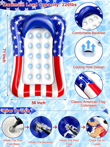 71x50 Large Tanning Pool Float with Headrest  Patriotic Inflatable Pool Floats mature-themed American Flag Giant Cooling Water Hck Tanning Pool Rafts Floatie for 4th of July Pool Party  Lake  Outdoor