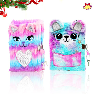 Dicvute 2Pcs Diary With Lock, Gift For 6 7 8 Years Old Girls, Fuzzy Notebook Cute Cat Bear Diary Secret Writing Plush Journal Ch