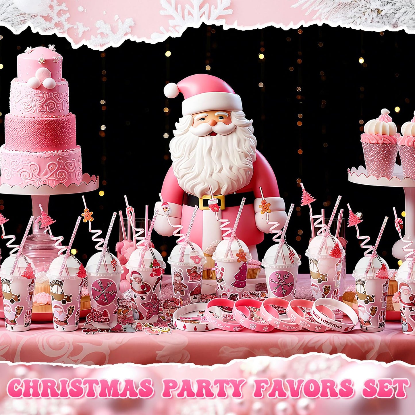 Seenelling 24 Set Pink Christmas Stationery Party Favors for Students Xmas Gift Cups Filler with Keychain Pencil Straw Silicone