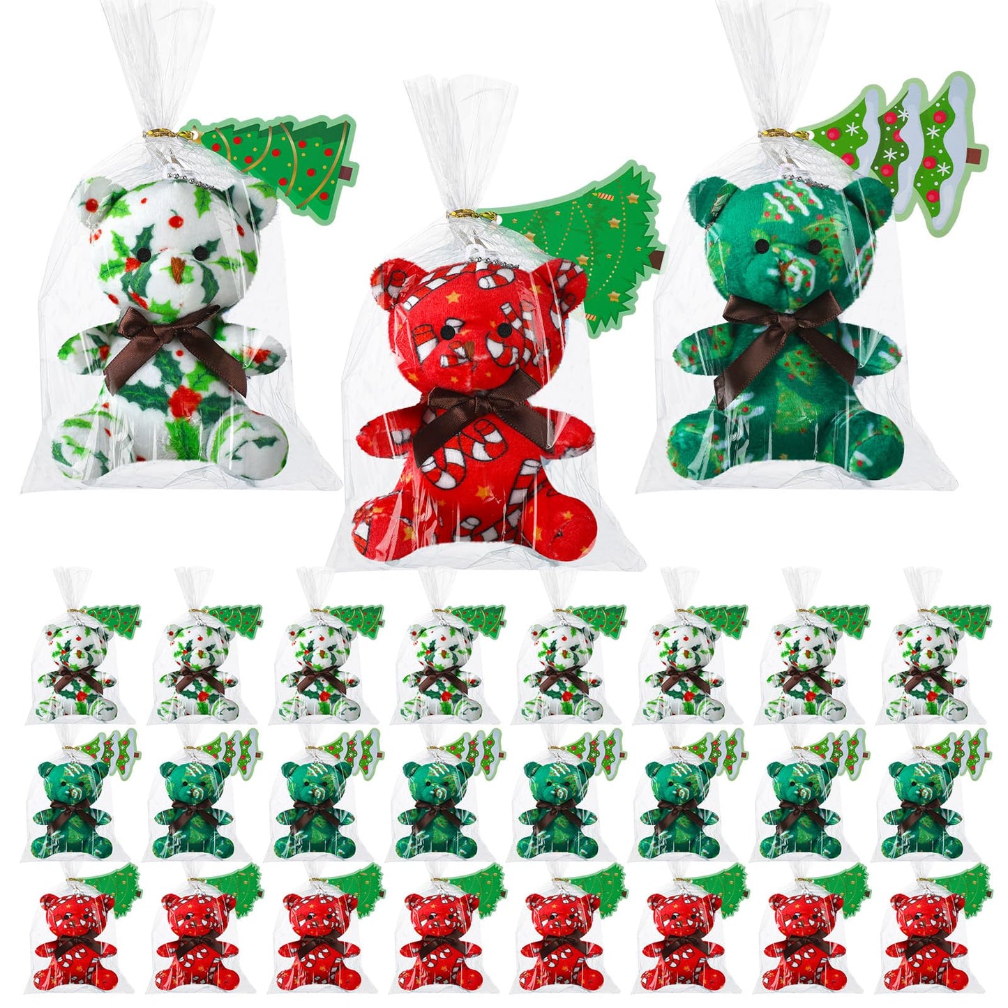 Poen 27 Pack Christmas Mini Plush Bears with Tree Cards Set - Red, Green, White Stuffed Animals for Classroom, School Kids Excha