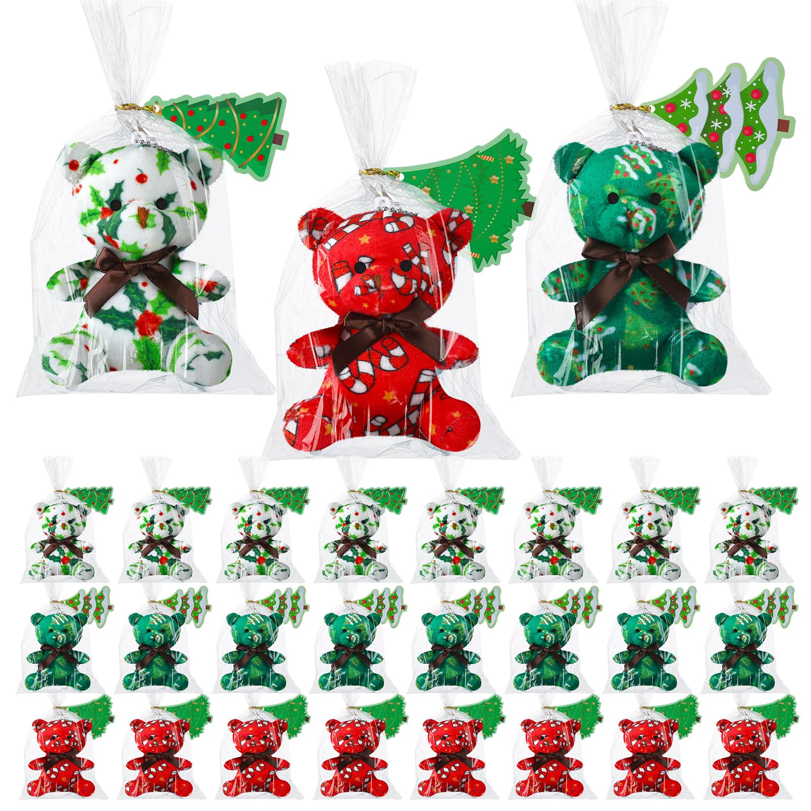 Poen 27 Pack Christmas Mini Plush Bears with Tree Cards Set - Red, Green, White Stuffed Animals for Classroom, School Kids Excha