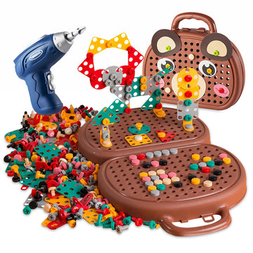 Magic Montessori Play Toolbox With Drill, 203Pcs Magic Montessori Play Toolbox Bear-Themed, 2D/3D Creativity Tool Box Montessori