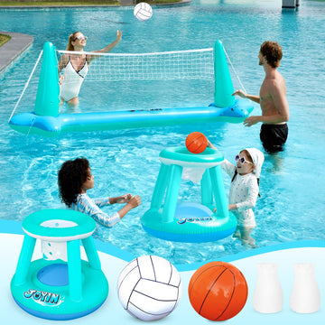 JOYIN XL Inflatable Pool Float Set, 125'' Volleyball Net & Basketball Hoops, Extra Large Floating Swimming Game Toy for Kids and