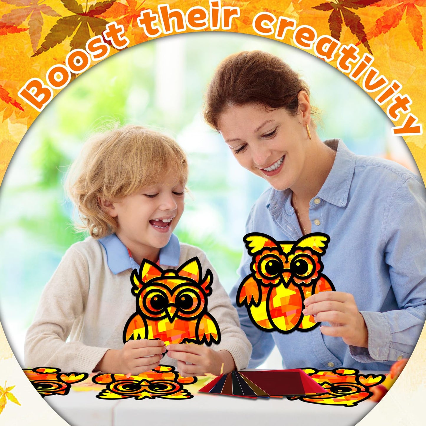 QOUBAI 32 Sets Fall Owl Suncatchers Craft Kit DIY Window Stained Glass Effect Autumn Owl Paper Crafts Home School Classroom Deco
