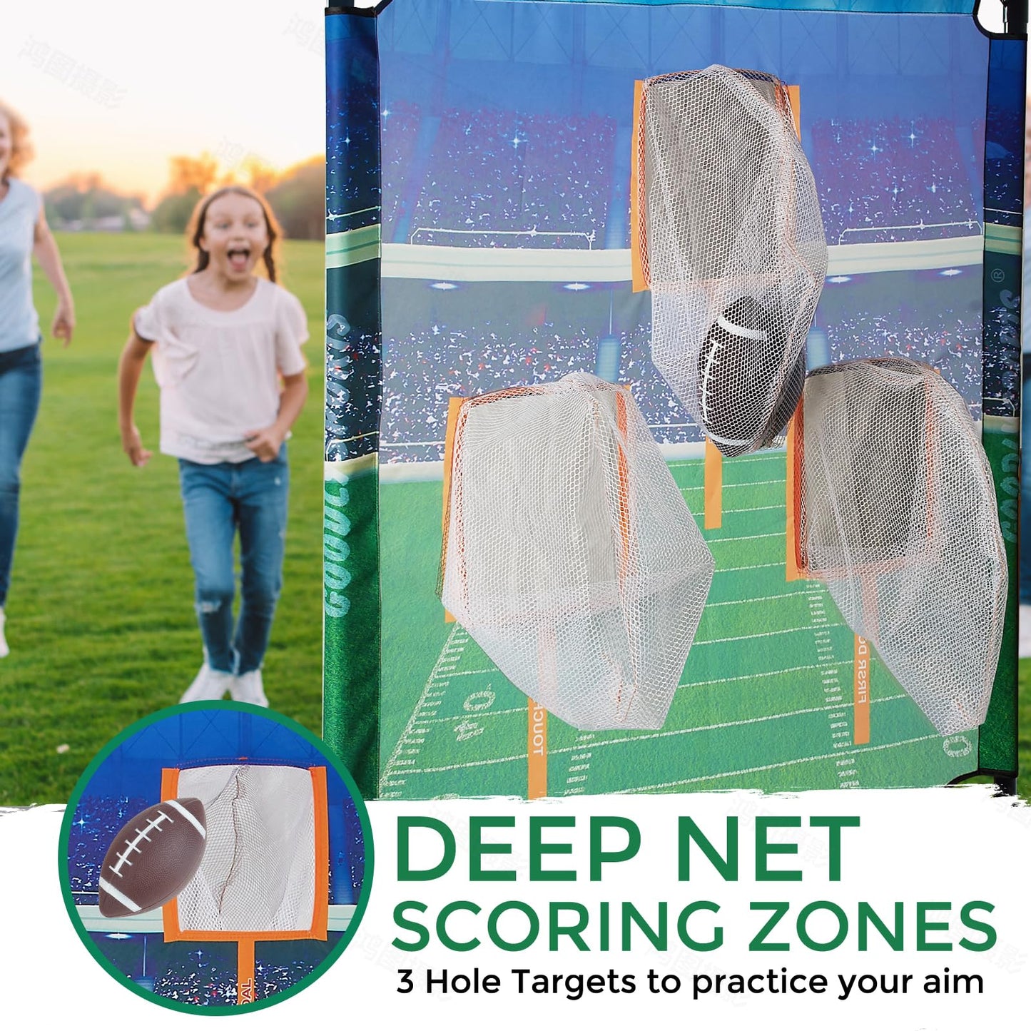 GOODLYSPORTS Football Toss Game - 66" Target with 4 Inflatable Balls, PVC, Green/Blue/Black, Model 8004, Perfect for Kids & Adults