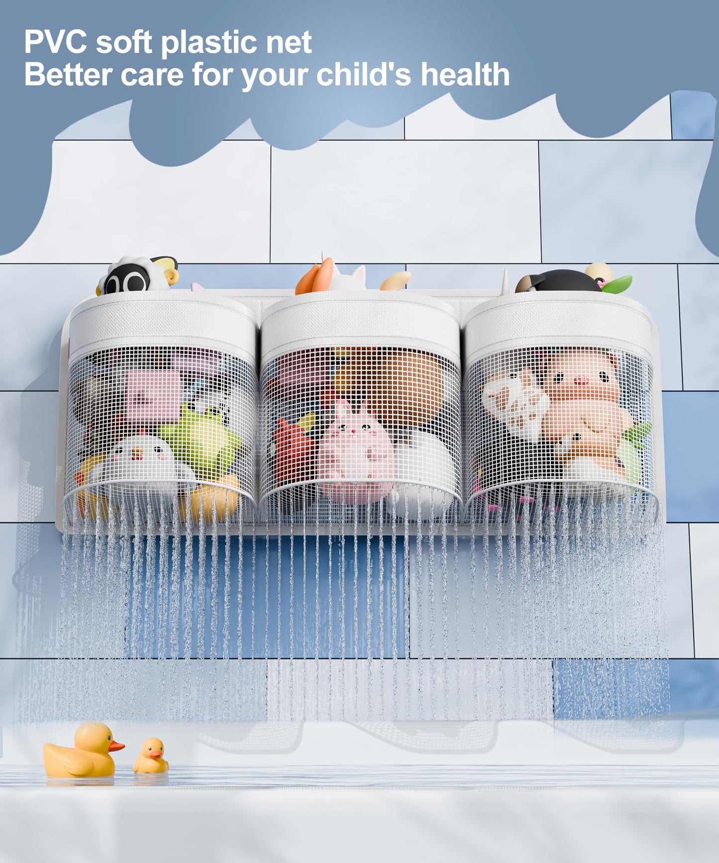 Y.Duck Bath Toy Storage, Bath Toy Holder For Bathtub, Large Capacity Bath Toy Organizer With 3 Compartment Openings, Hanging Bat