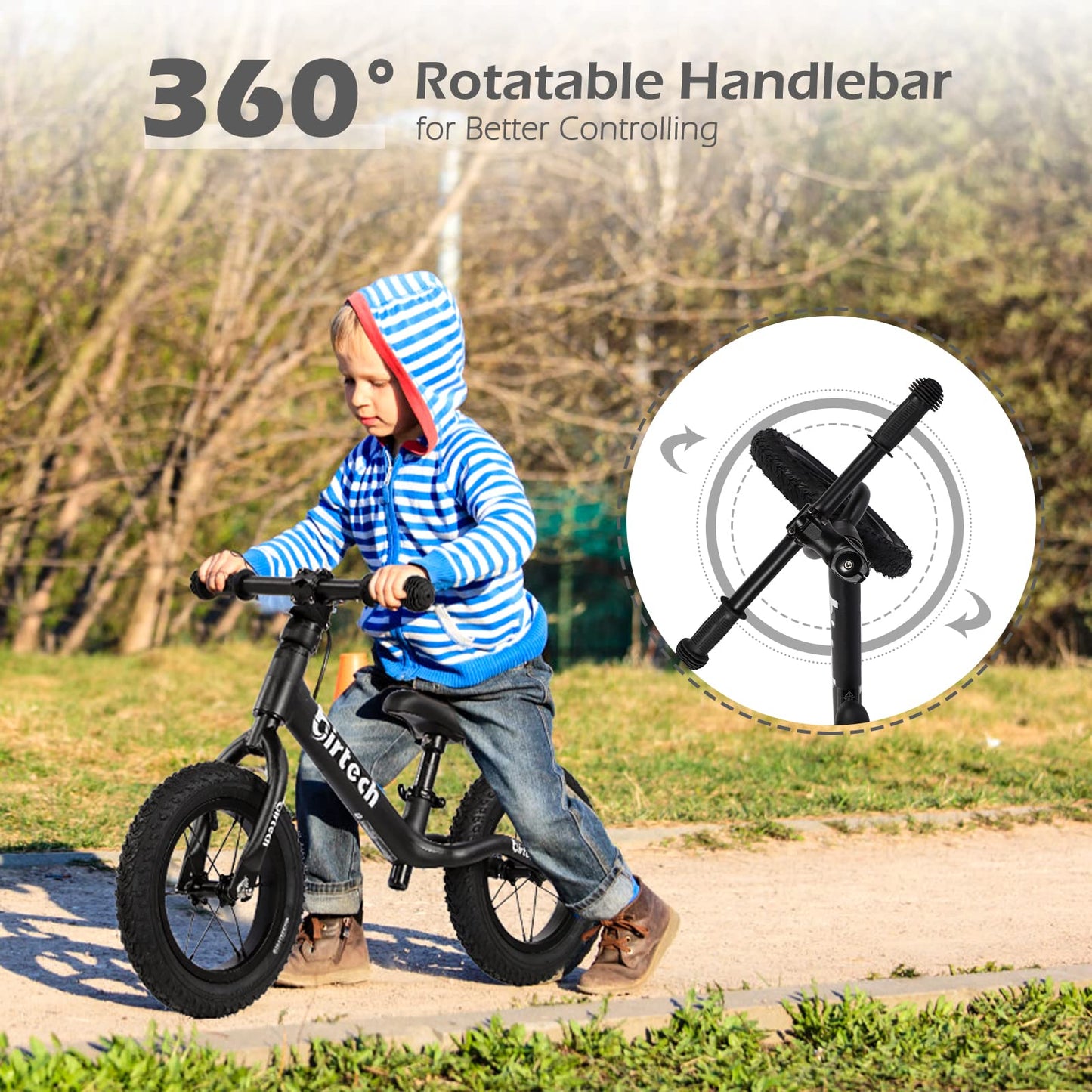 12' Balance Bike For 2, 3, 4, 5 Year Old Boys And Girls, Lightweight Nylon Frame Toddler Training Bike No Pedal Bikes For Kids With Adjustable Seat And Air Tires (Black)
