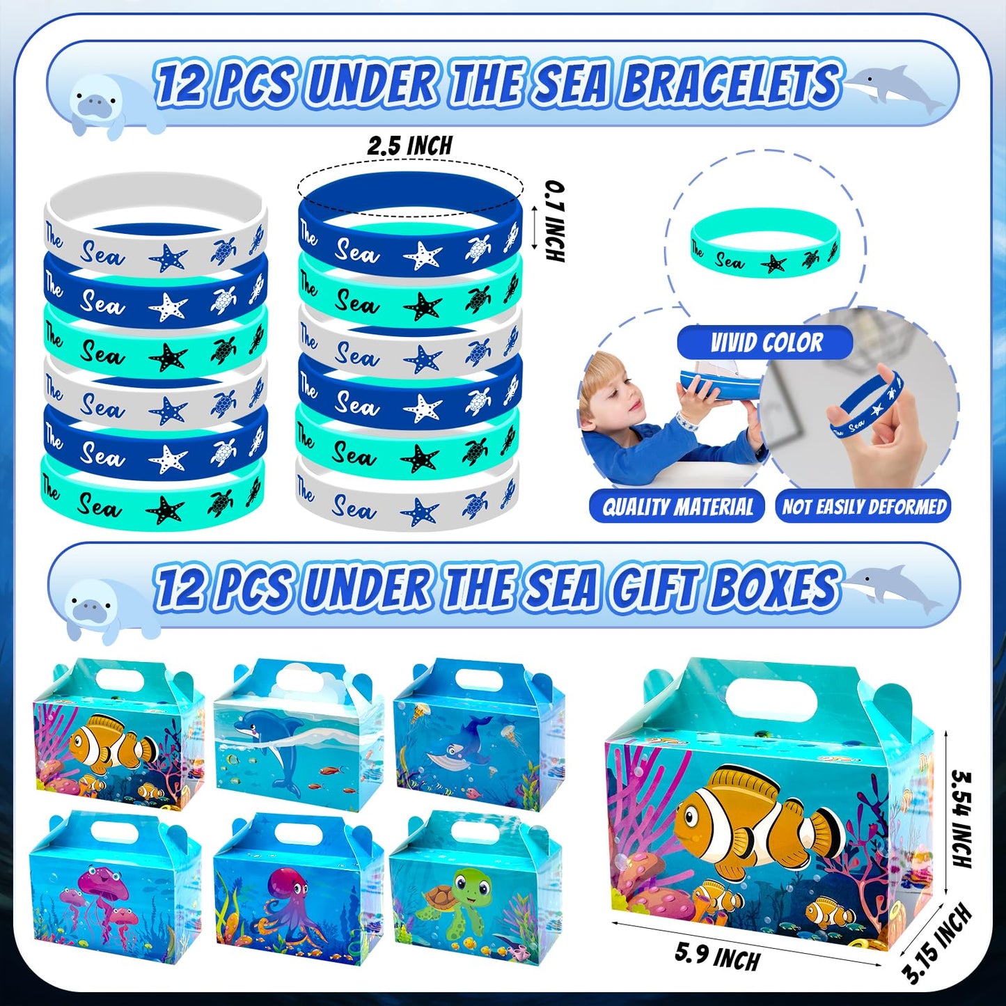 Joyvorite 144 Pcs Under the Sea Party Favors Set with Keychains Slap Bracelet Scratch Art Tattoo Stickers Wristbands Treat Boxes