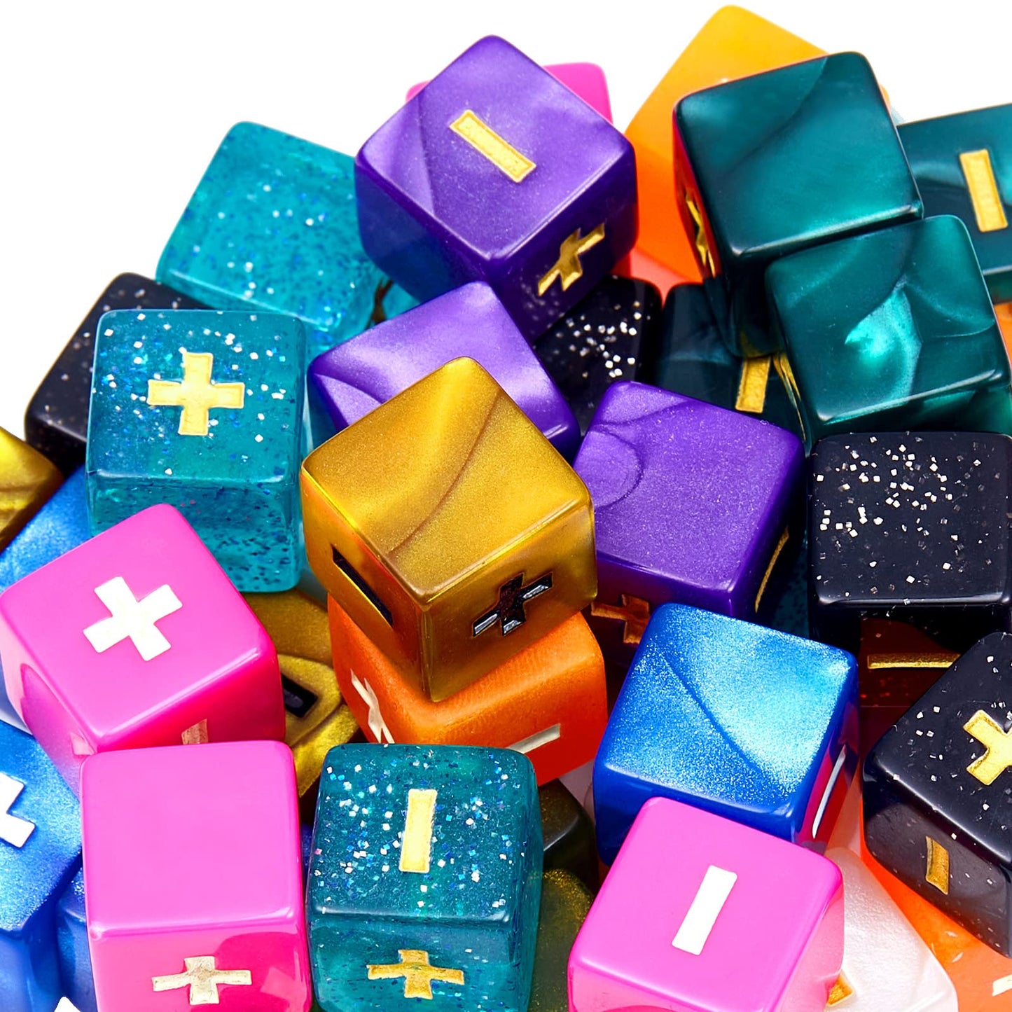 Sumind 40 Pcs Fudge Dice with 2 Black Velvet Bags Plus Minus Dice Multicolored Acrylic Dice Toys with Plus, Minus, and Blank Sid