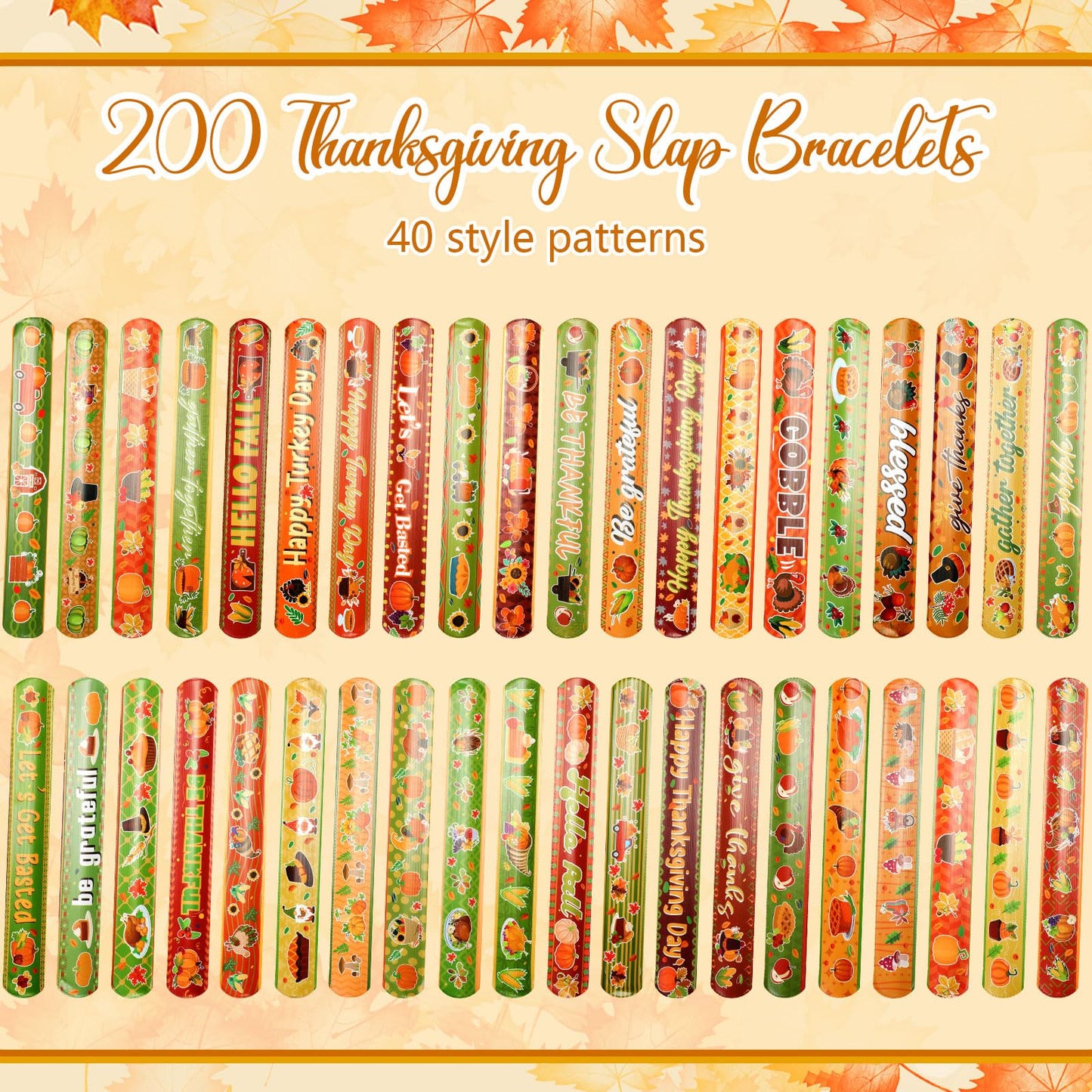 Jenaai 200 Pcs Slap Bracelets bulk Thanksgiving Maple Leaf Themed Fall Holiday Wristbands Turkey Snap Bracelets Autumn Slap Band