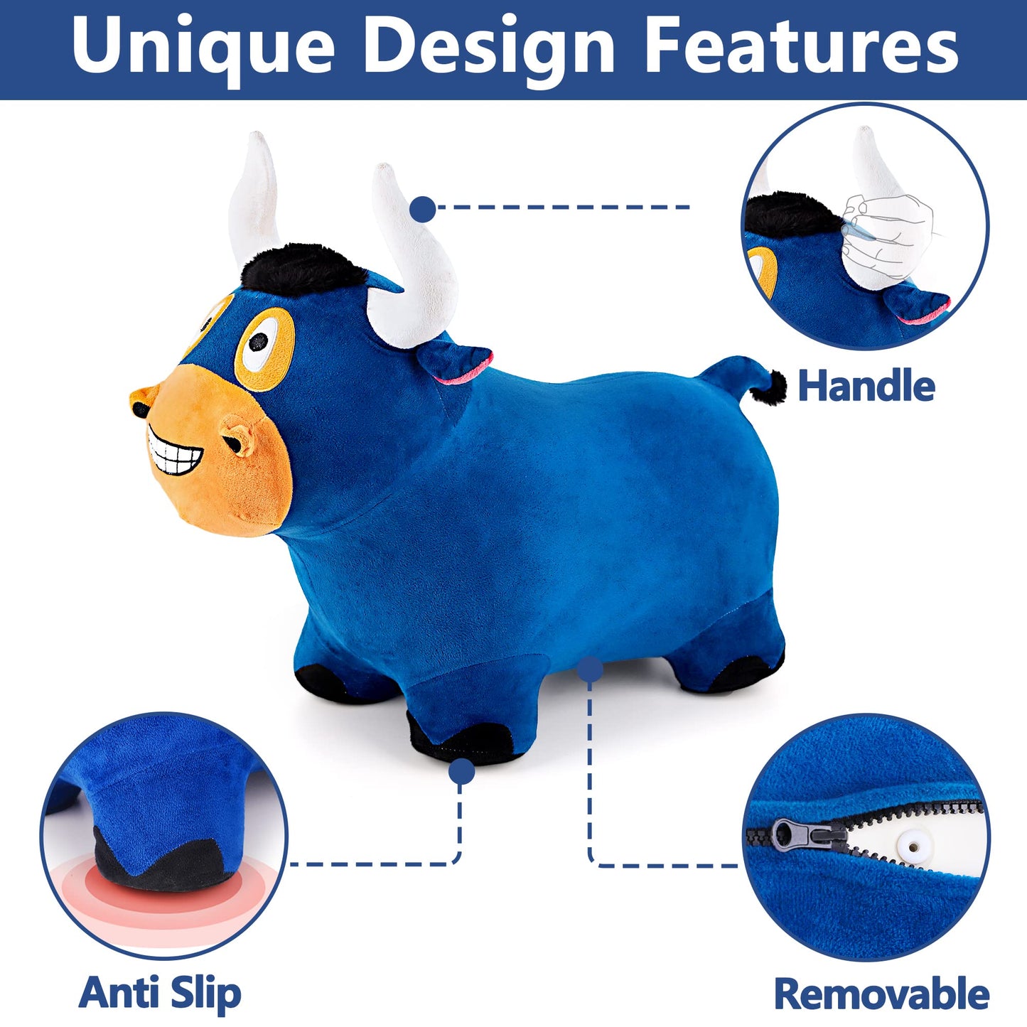 iPlay, iLearn Bouncy Pals Bull Hopping Horse - Plush Inflatable Ride-On Toy, Medium, Blue, Model 850006959389, Perfect for Kids 18 Months to 5