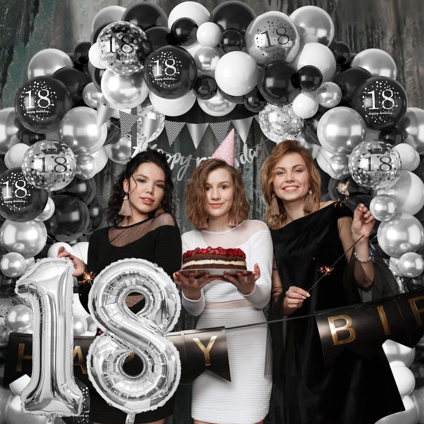 18Th Birthday Decorations Black Silver,18Th Birthday Balloon Garland Party Decorations With Number 18 Foil Balloons,Happy Birthd