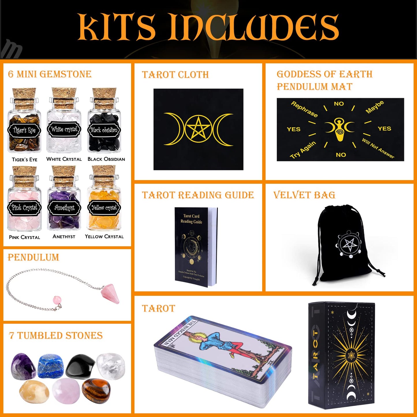 Yixangdd Tarot Cards With Guide Book 18 Pcs Include 1 Deck Of 78 Cards ?6 Mini Crystal Jars,7 Chakra Stones,1 Spirit Pendulum,1 Cloth ,1Goddess Of Earth Pendulum Mat,1 Velvet Bag